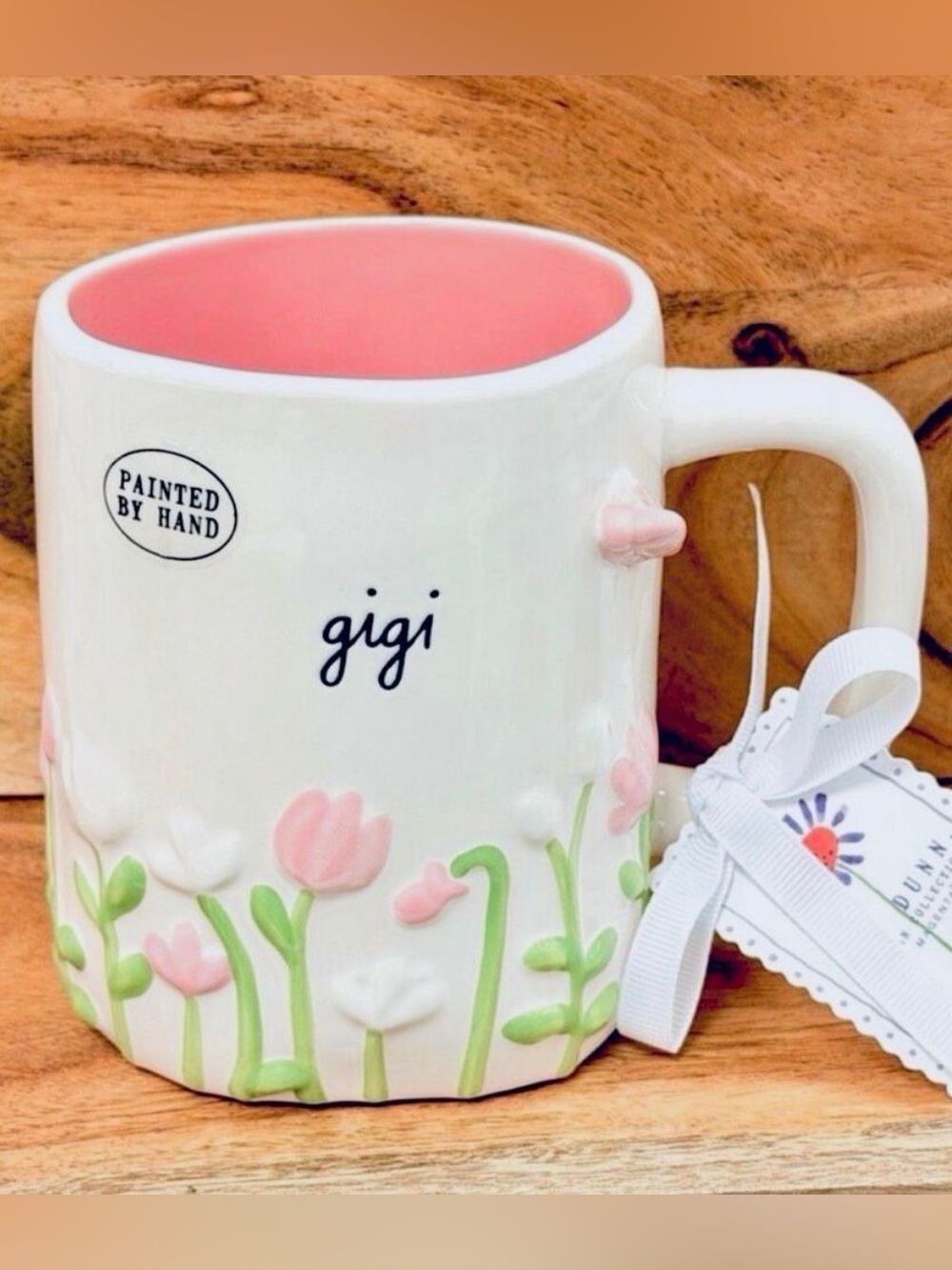 NWT Rae Dunn White Pink “Gigi” Raised Handpainted Pink Tulip Ceramic Coffee Mug